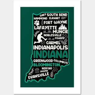 Bloomington Indiana cute map Fort Wayne, Evansville, Carmel, South Bend, Fishers, Hammond, Gary, Lafayette Posters and Art